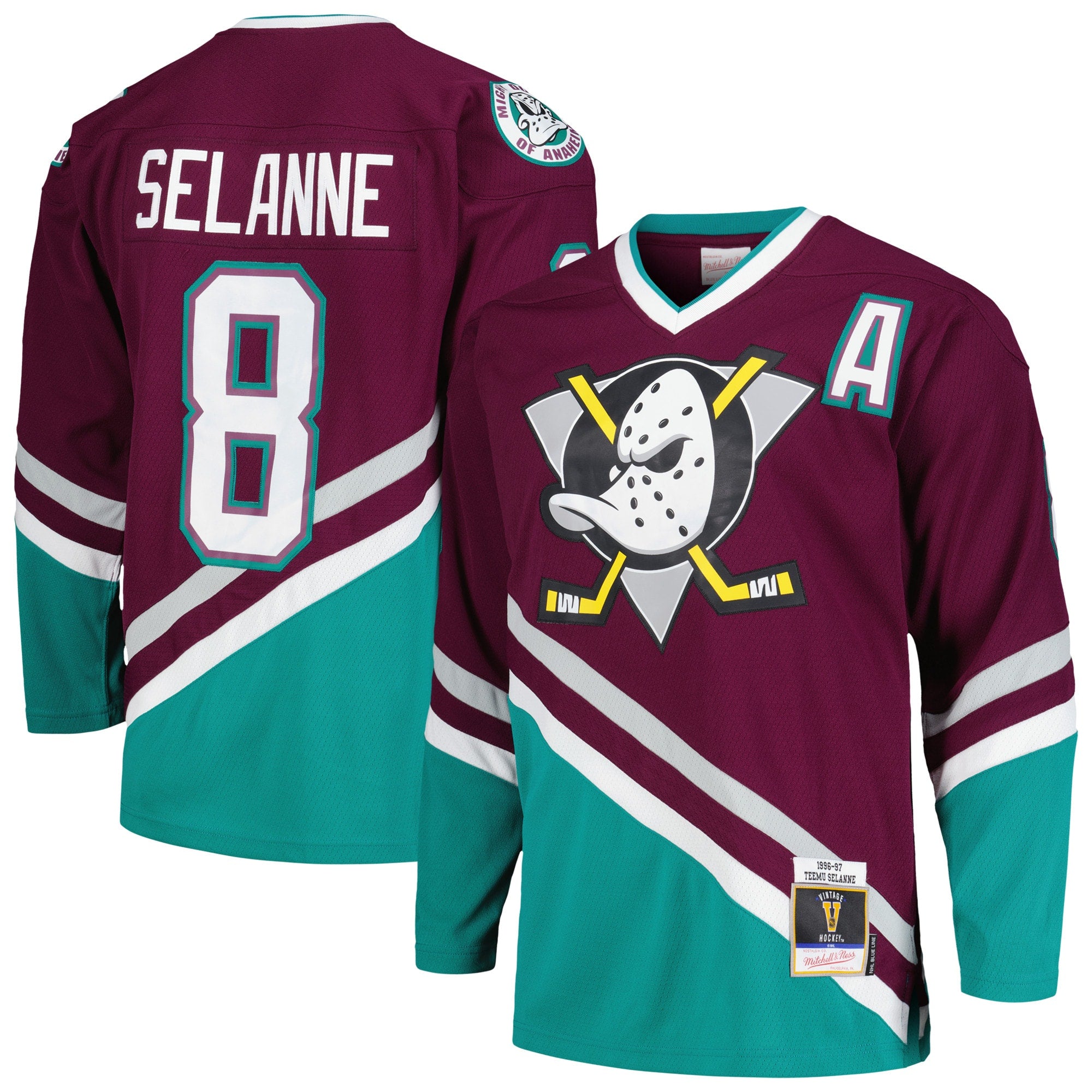 Teemu Selanne Anaheim Ducks Mitchell & Ness 1996/97 Alternate Captain Patch Blue Line Player Jersey - Purple