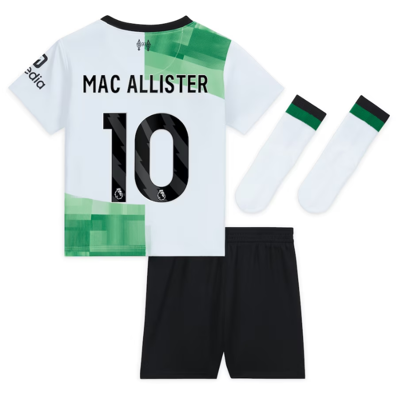 Liverpool Away Kit - 2023-24 - Kids with Mac Allister 10 printing Jersey - White