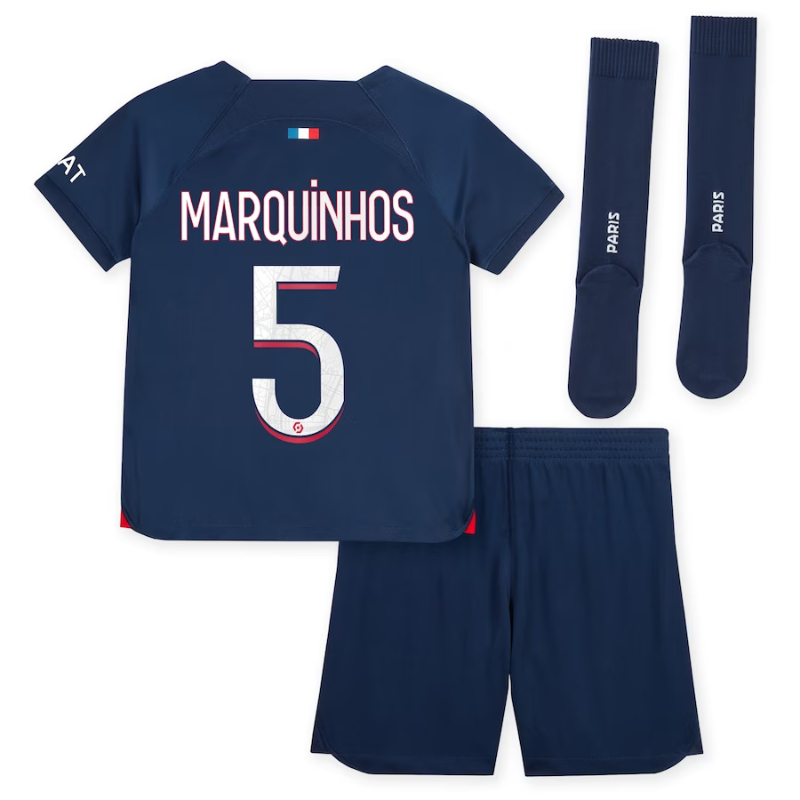 Paris Saint-Germain Home Kit 2023-24 - Little Kids with Marquinhos 5 printing Jersey - Blue - Jersey Teams World