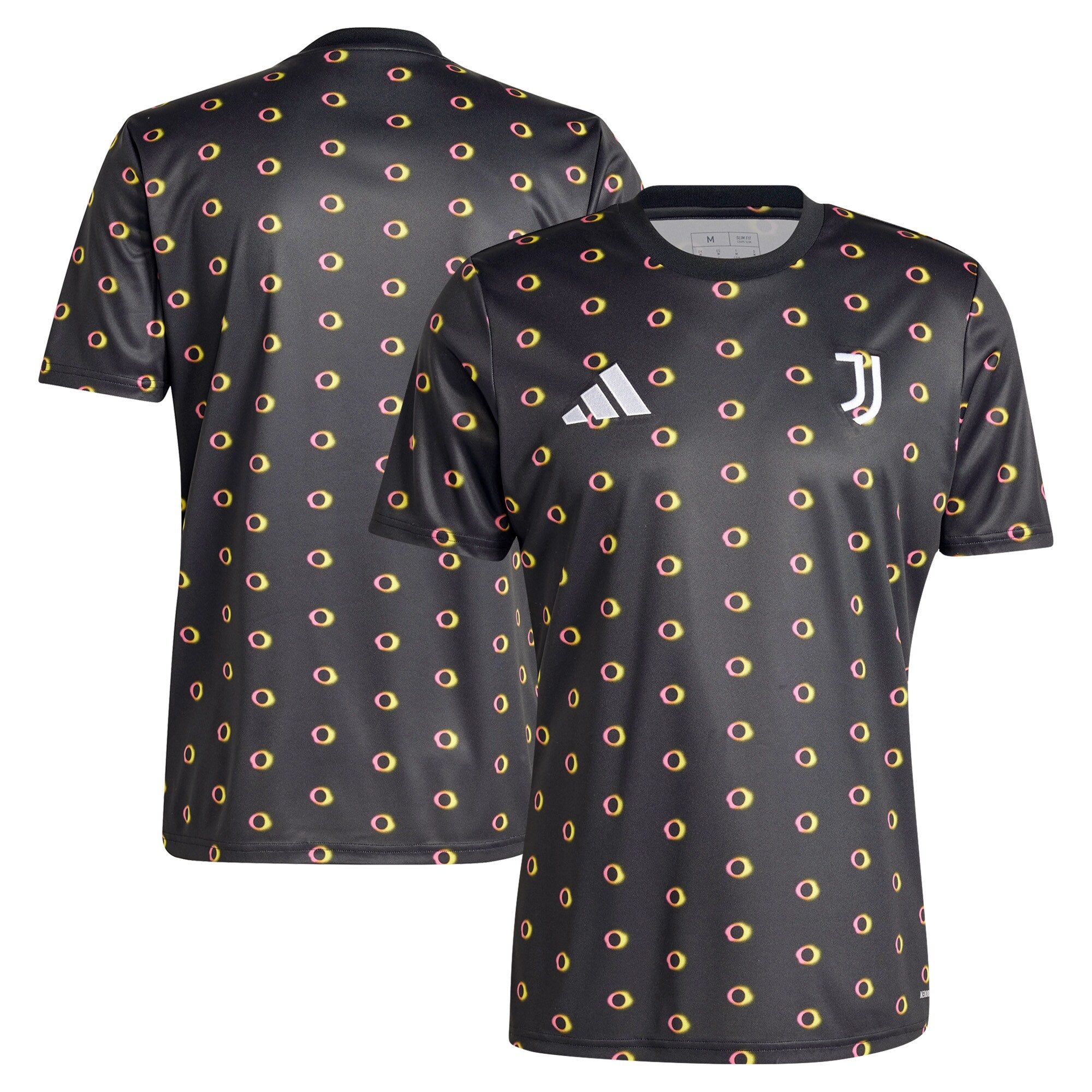 Adidas Juventus pre-match top 2024 in black with yellow and red circular pattern and team logos