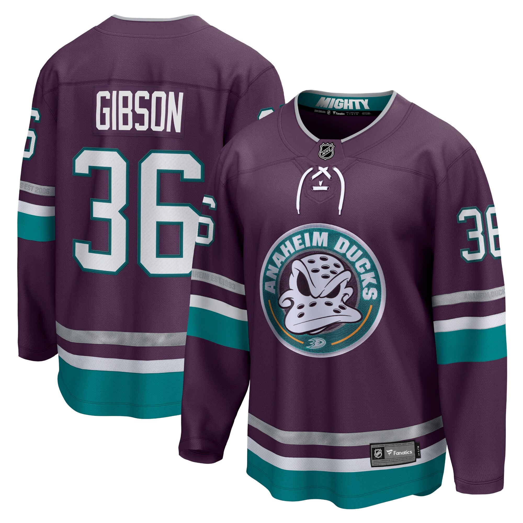 John Gibson Anaheim Ducks Fanatics Branded 30th Anniversary Premier Breakaway Jersey - Purple