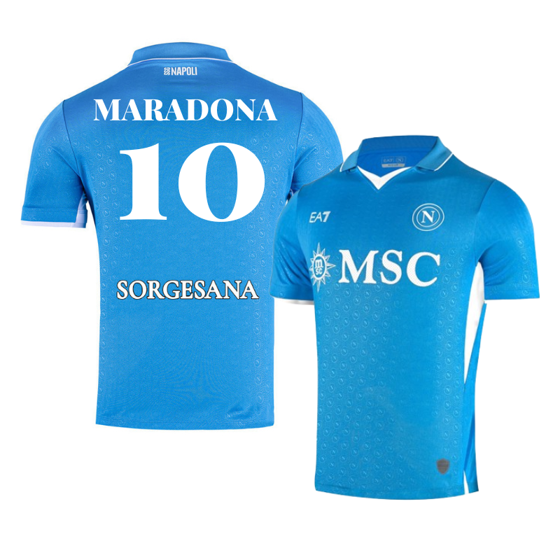EA7 Diego Maradona SSC Napoli home shirt 2025 in blue with Maradona 10 on back and MSC logo on front