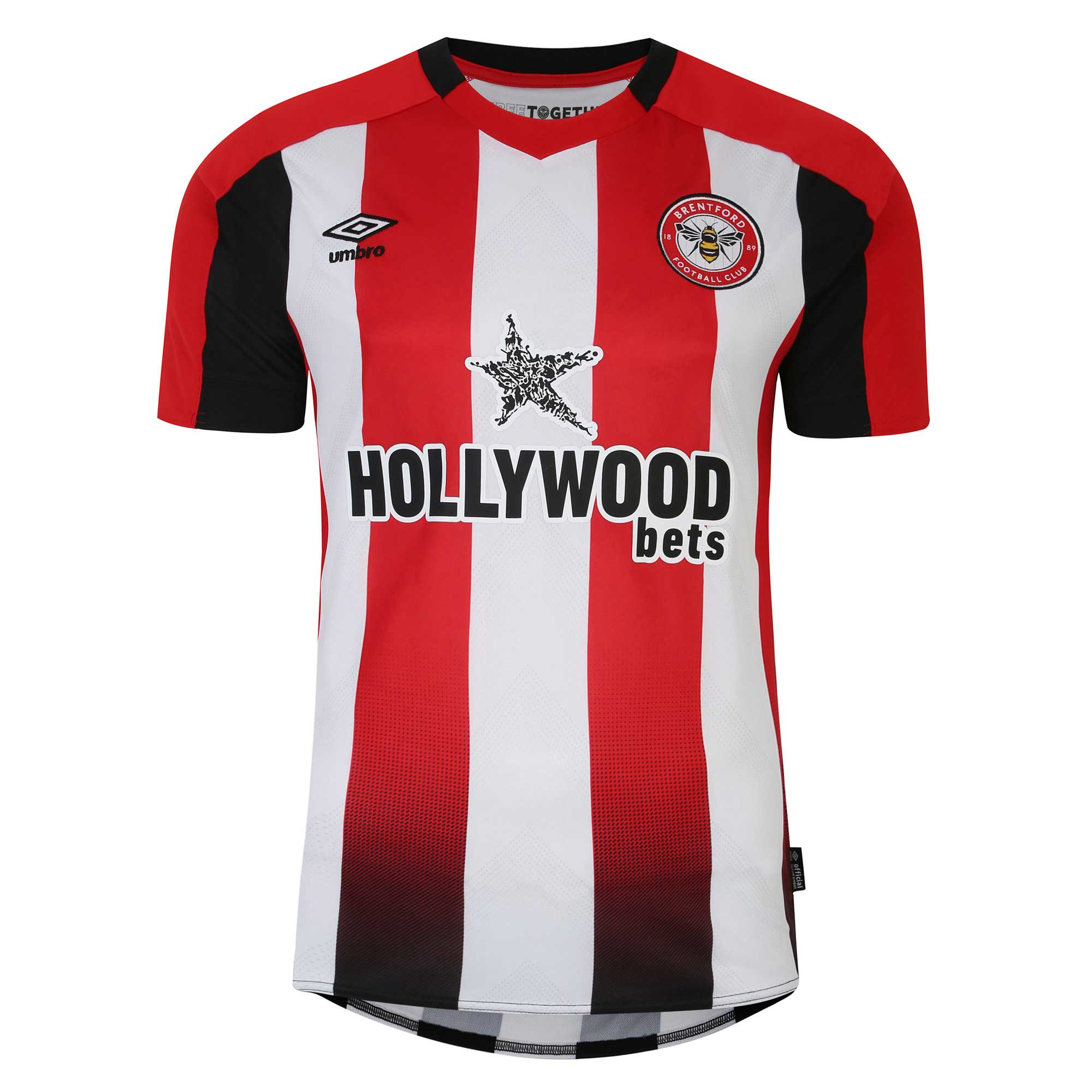Umbro Brentford FC jersey 2025 with red and white vertical stripes and black sleeve accents