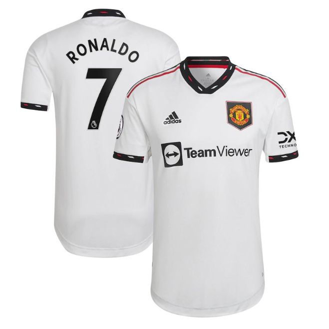 2023 Ronaldo away Puma Manchester United jersey showing front and back with black details and team logos