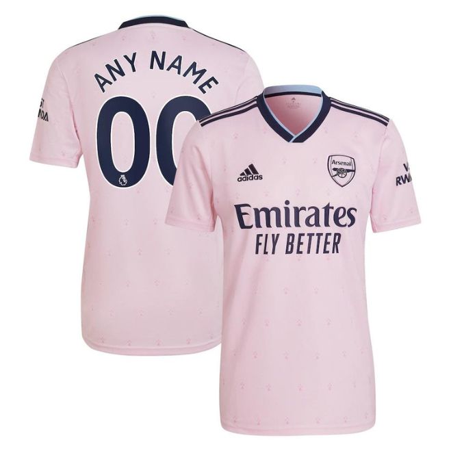 Arsenal 2023 pink jersey by adidas front and back view with customizable name and number