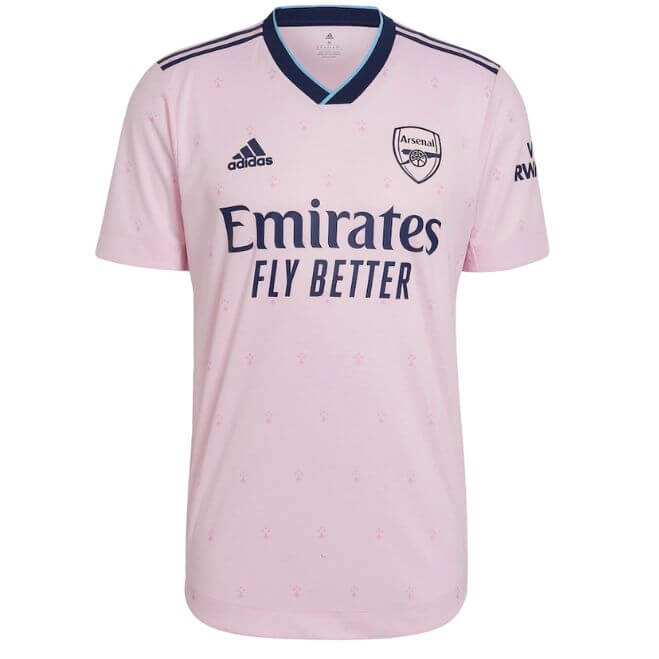 Arsenal 2023 pink jersey by adidas with Emirates Fly Better logo and navy collar