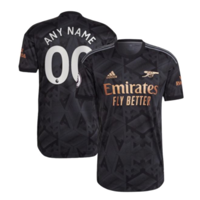 Arsenal away Adidas jersey 2022-23 in black with Emirates Fly Better logo and customizable name and number