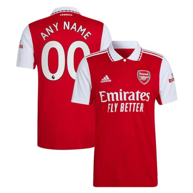 Arsenal home jersey 2023 Adidas in red and white with Emirates Fly Better logo front and custom name back
