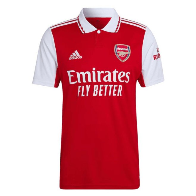 Arsenal home jersey 2023 Adidas in red and white with Emirates Fly Better logo and Adidas stripes