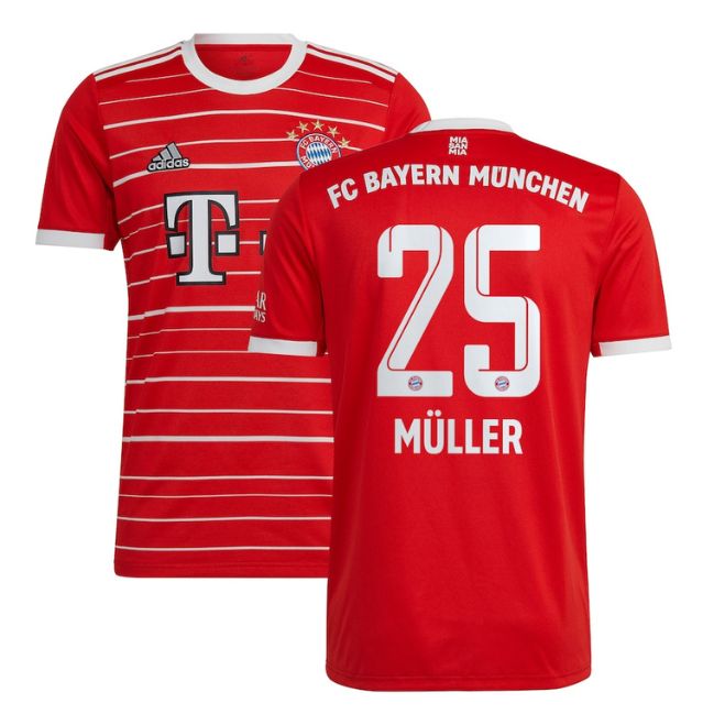Bayern Munich Thomas Müller jersey red soccer shirt with number 25 and team logo front and back