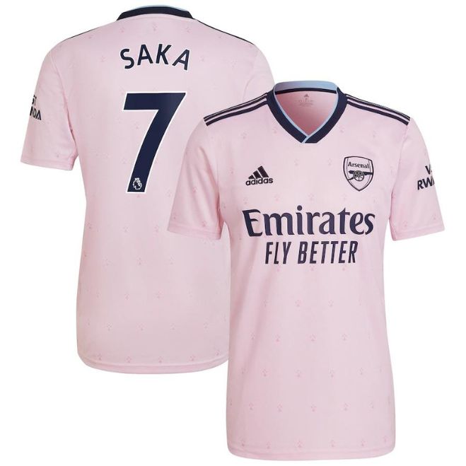 Bukayo Saka Arsenal Adidas jersey 2023 in pink with black accents and Emirates Fly Better logo