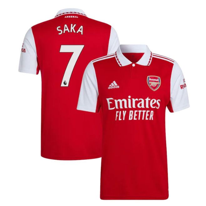 Bukayo Saka Arsenal jersey 2022 red and white soccer shirt with number 7 and Emirates Fly Better logo