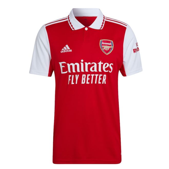 Bukayo Saka Arsenal jersey 2022 red and white Adidas soccer shirt with Emirates Fly Better logo