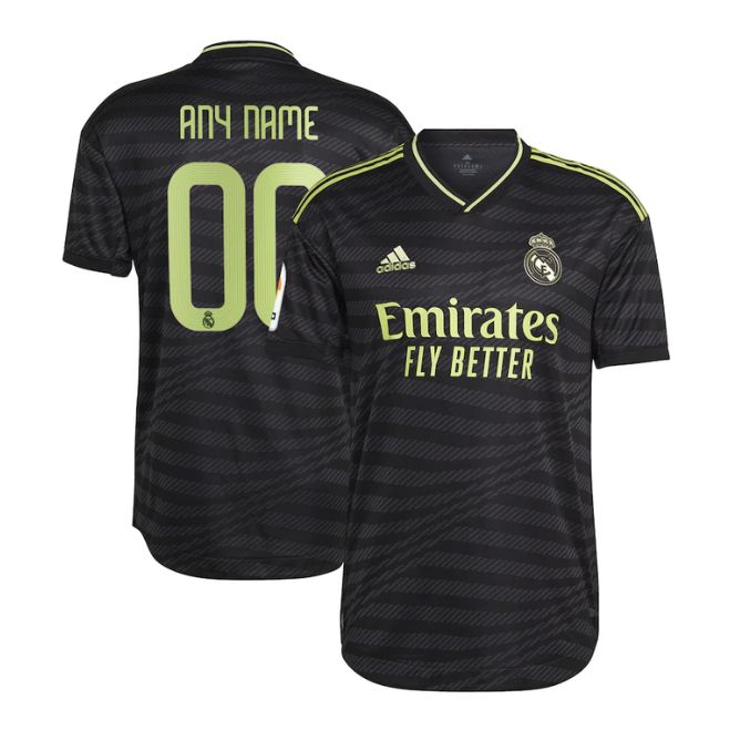 Custom Real Madrid Adidas jersey 2022-23 in black with light green accents and personalized name and number