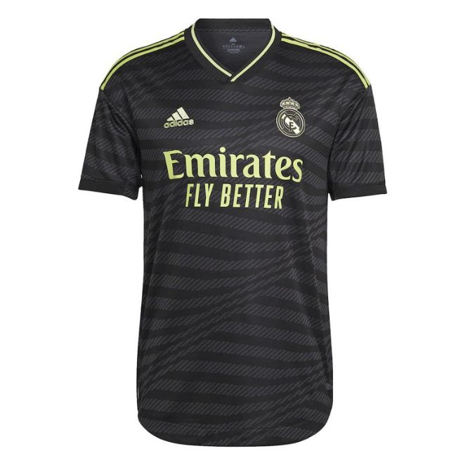 Custom Real Madrid Adidas jersey 2022-23 in black with neon yellow accents and Emirates Fly Better logo