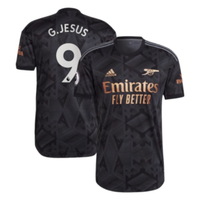 Gabriel Jesus Arsenal away jersey 2022 in black with Emirates Fly Better logo and player name G Jesus on back