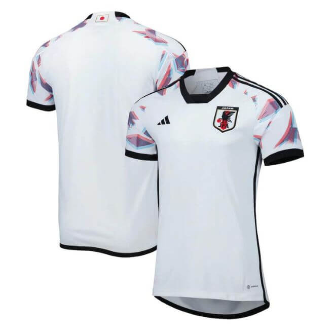 Japan away Adidas 2022/23 Custom jersey in white with black trim and colorful geometric sleeve patterns