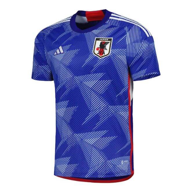 Japan soccer jersey 2022 Adidas in blue with geometric pattern and Japan Football Association emblem