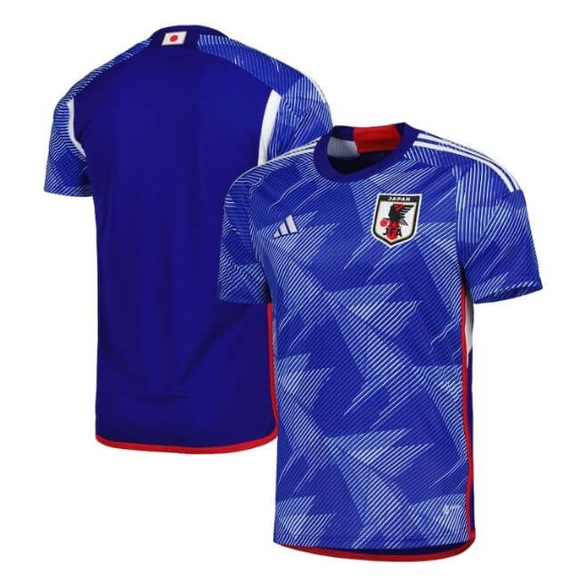 Japan soccer jersey 2022 Adidas blue home kit with red trim and Japan Football Association crest