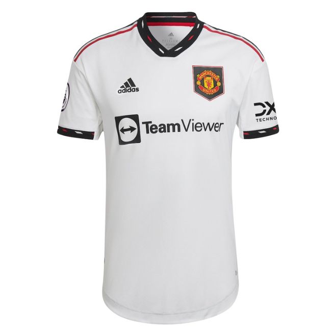 Manchester United away jersey 2022 23 in white with black and red accents by Adidas from Jerseyteamsworld