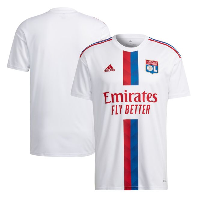 Olympique Lyon 2022 home Adidas jersey in white with red and blue vertical stripes and Emirates Fly Better logo