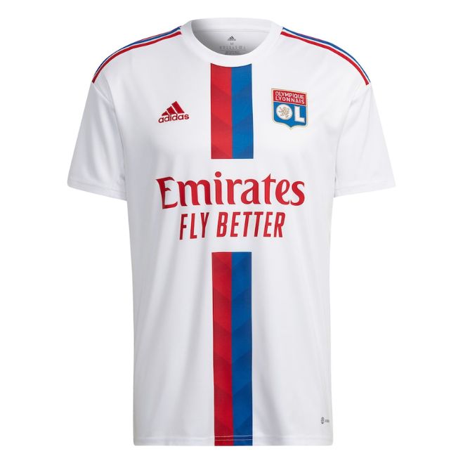 Olympique Lyon 2022 home Adidas jersey white with red and blue stripes and Emirates Fly Better logo
