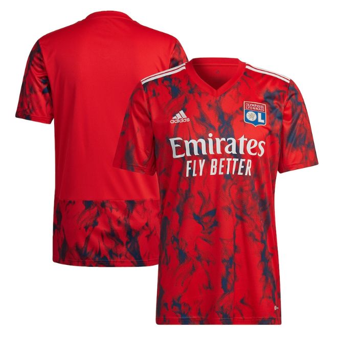 Olympique Lyon away Adidas jersey 2022 in red with navy blue pattern and Emirates Fly Better sponsor logo