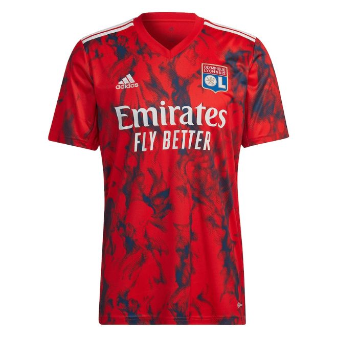 Olympique Lyon away Adidas jersey 2022 in red with blue patterns and Emirates Fly Better logo