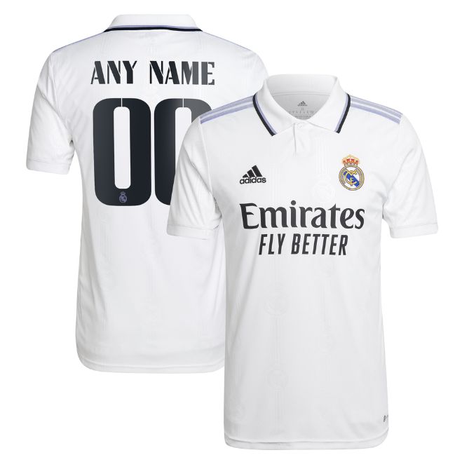 Real Madrid 2023 home Adidas jersey in white with Emirates Fly Better logo and customizable name and number