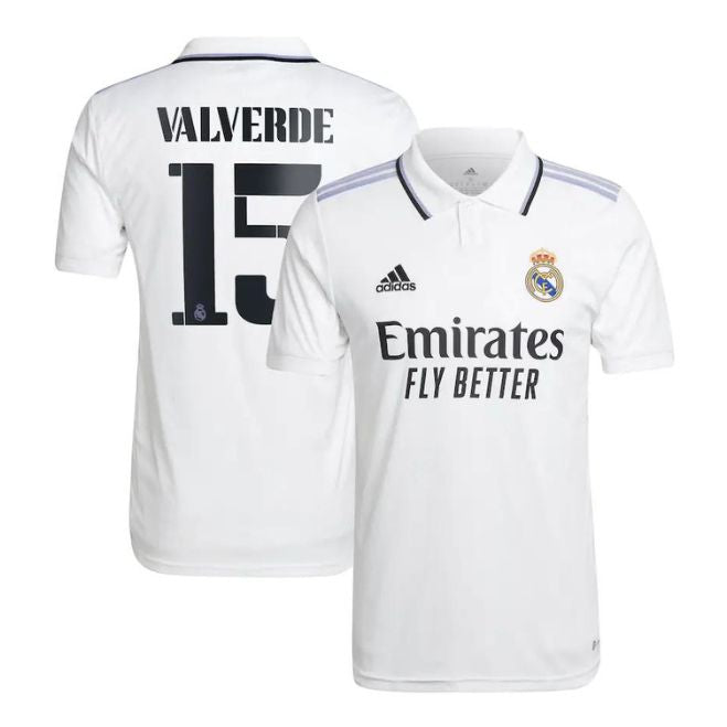 Real Madrid Valverde 15 home jersey in white with club crest and Adidas logo by Jerseyteamsworld