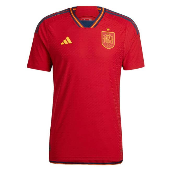 Spain soccer Adidas jersey 2022 2023 in red with yellow and navy blue accents by Jerseyteamsworld