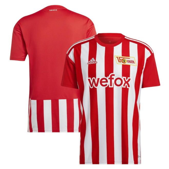 Union Berlin home jersey 2022-23 with red and white vertical stripes soccer shirt by Jerseyteamsworld