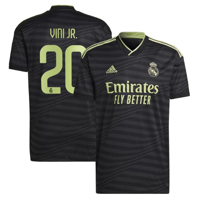 Vini Jr Real Madrid jersey 2022 23 in black with light green accents and number 20 on back by Jerseyteamsworld