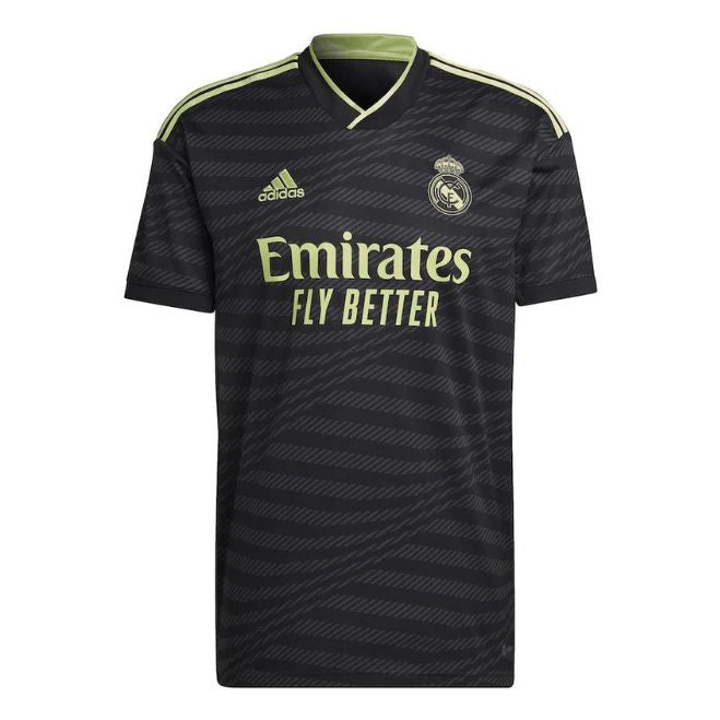 Vini Jr Real Madrid jersey 2022 23 in black with light green accents and Emirates Fly Better logo