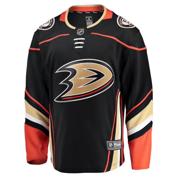 Anaheim Ducks black home jersey featuring team logo and bold color design for hockey fans