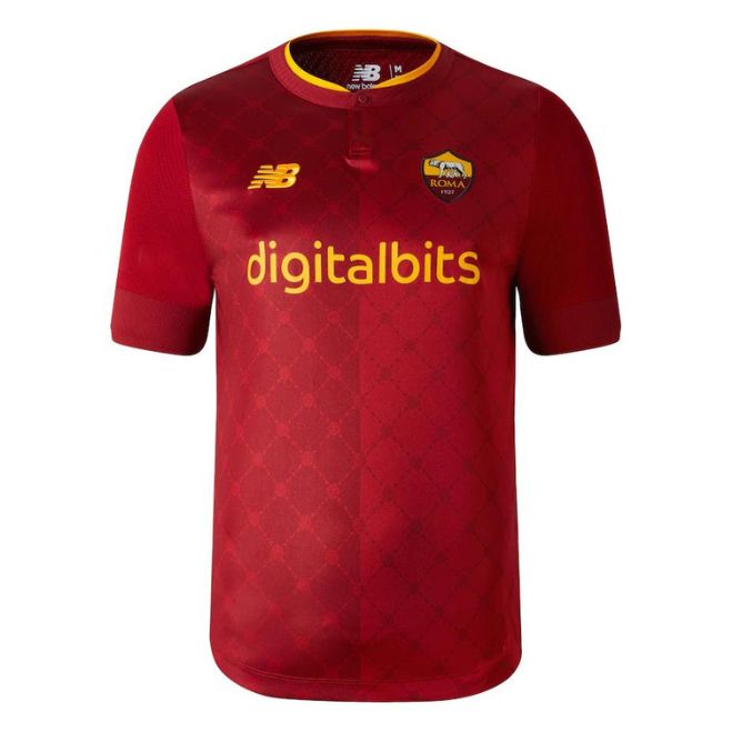 AS Roma 2022-23 home jersey in red with yellow accents and digitalbits sponsor logo