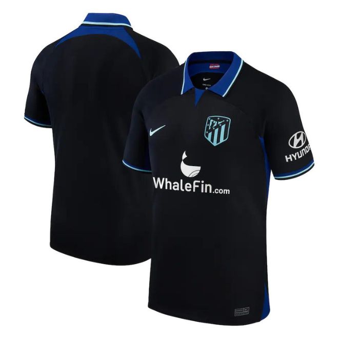 Atletico de Madrid 2022 away jersey black with blue accents and WhaleFin sponsor logo