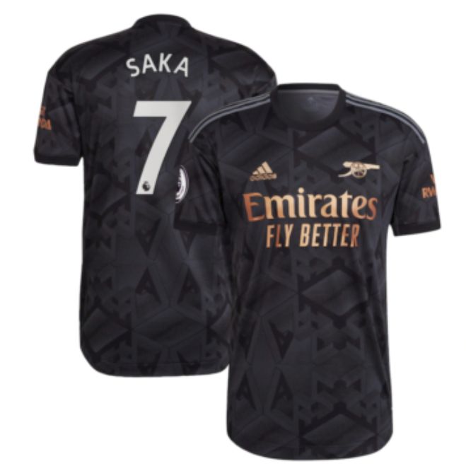 Bukayo Saka Arsenal away jersey 2022 black with gold Emirates Fly Better logo front and Saka 7 name back