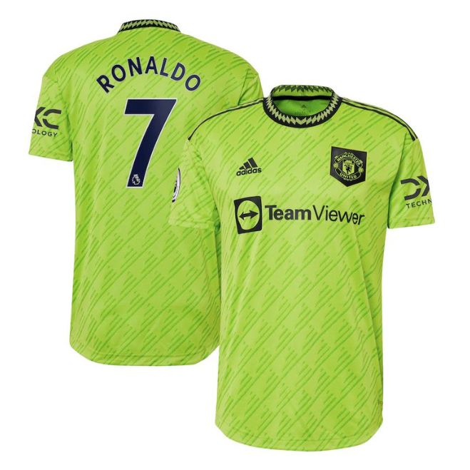 Cristiano Ronaldo Manchester United Adidas jersey in bright green with number 7 and sponsor logos