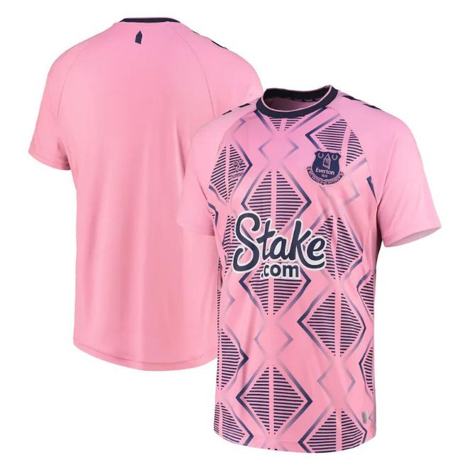 Everton 2022 away jersey in pink with geometric pattern and Stake.com sponsor logo