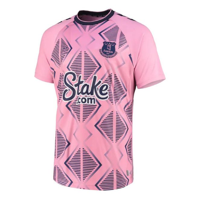 Everton 2022 away jersey in pink with geometric navy blue patterns and Stake.com sponsor logo