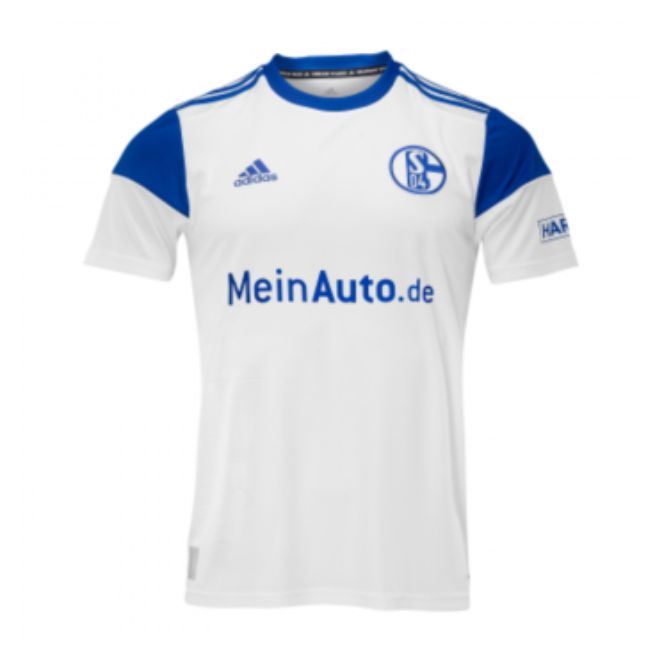 FC Schalke 2023 away jersey in white with blue accents and sponsor logos by Jerseyteamsworld