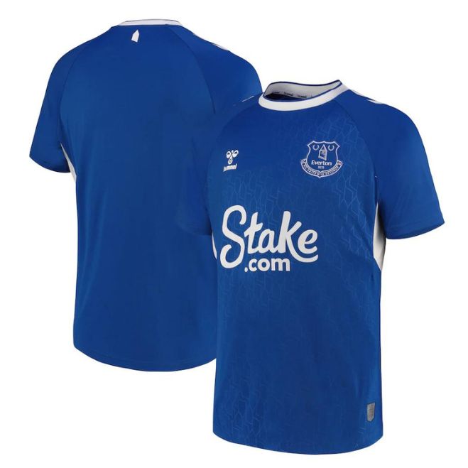 Everton unisex home jersey 2023 in blue with white collar and Stake.com logo by Jerseyteamsworld