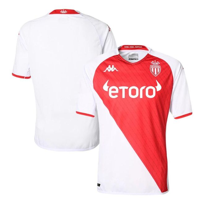 Front and back view of AS Monaco customized jersey 2022 in white and red with sponsor logo etoro