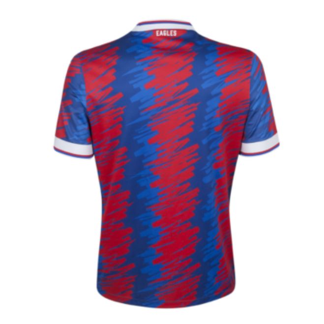 Back view of Crystal Palace 2023 home jersey in red and blue with Eagles text on collar