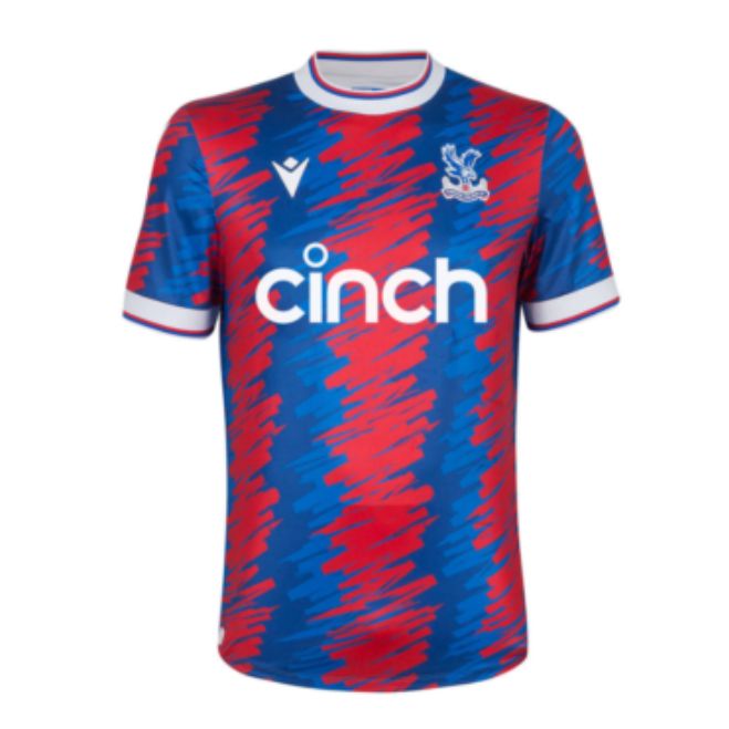 Crystal Palace 2023 home jersey in red and blue with white collar and Cinch logo from Jerseyteamsworld