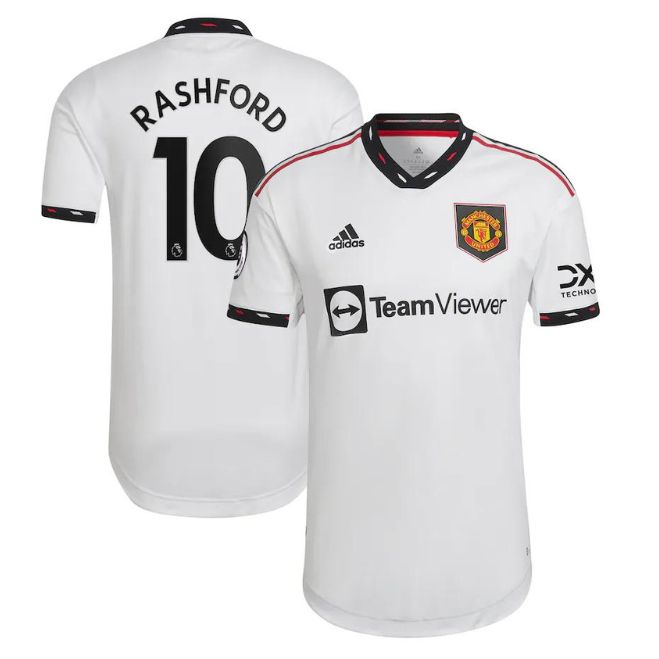 Marcus Rashford Manchester United adidas jersey in white with black details and team logo by Jerseyteamsworld