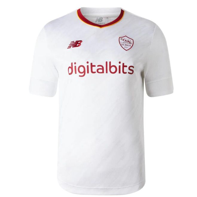 AS Roma away jersey 2022 23 in white with red digitalbits logo and team crest by New Balance