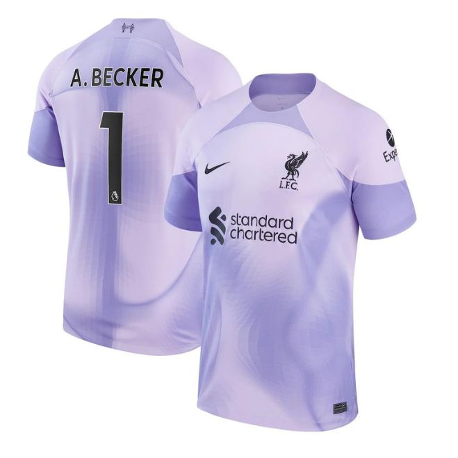 Alisson Becker Liverpool jersey 2022/23 in lavender with Nike logo and Standard Chartered sponsor