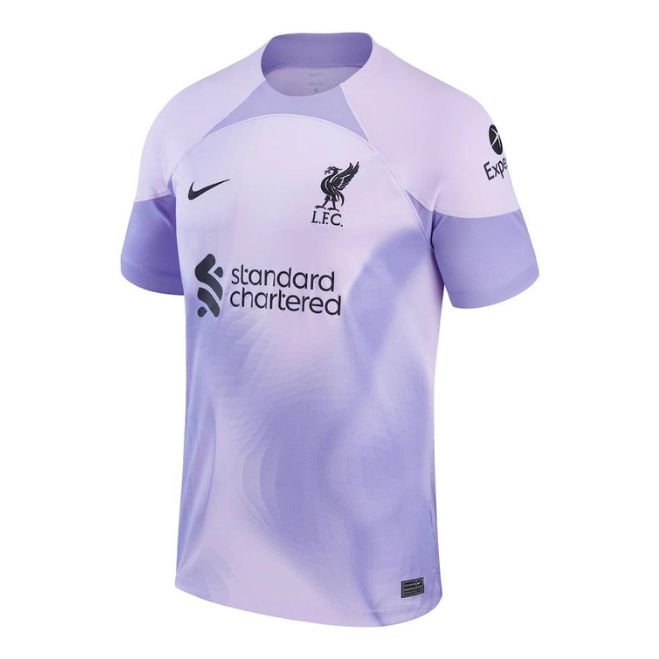 Alisson Becker Liverpool jersey 2022/23 in light purple with Liverpool FC logo and Nike branding